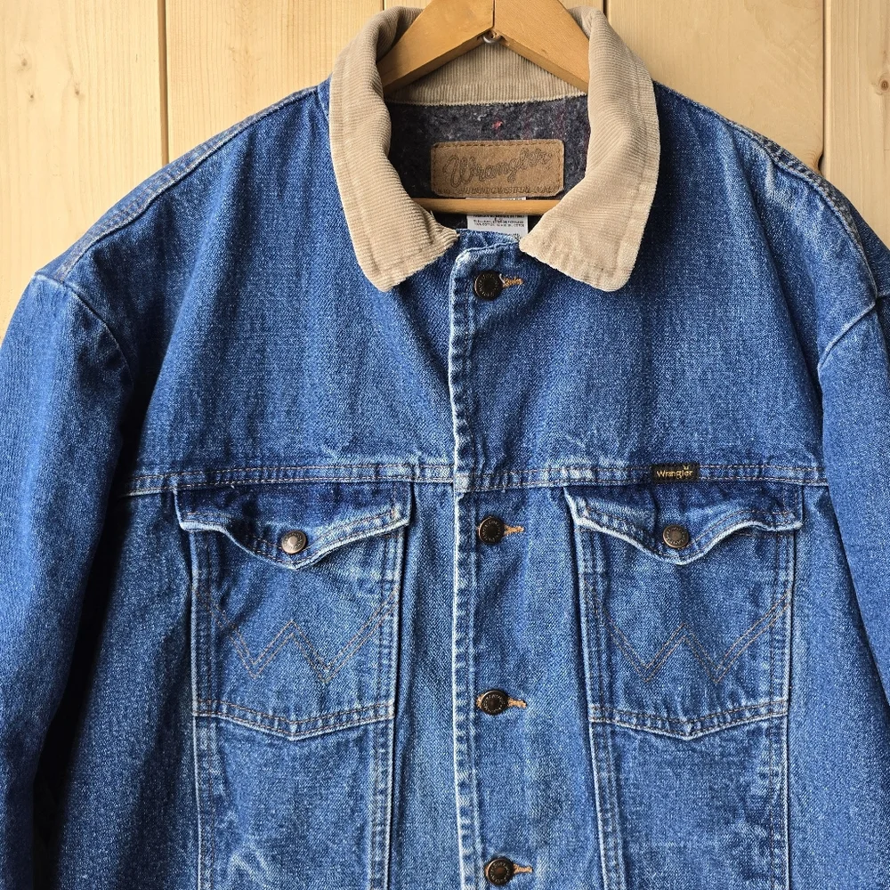 Wrangler Blanket Lined Corduroy Collar Denim Jacket Blue Mens 50L - Picture 2 of 11